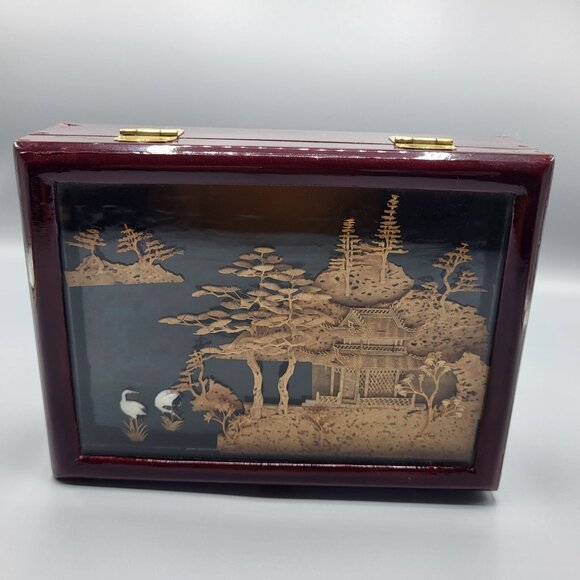 Vintage Chinese Hand Carved Cork Diorama Jewelry Box Red Lining Wood Box SEE - Picture 2 of 16